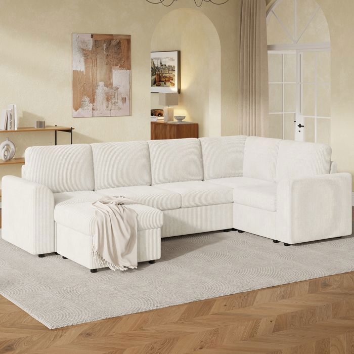 Canapé dangle moderne en velours côtelé 6 places en L avec accoudoirs 1 pouf de rangement amovible mousse haute densité beige