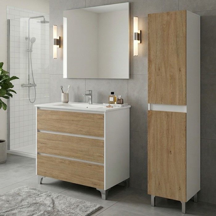 Ensemble meuble vasque L.80cm + 1 colonne sur pied Blanc laqué 3 tiroirs Chêne naturel LISBONA Ensemble meuble vasque L.80cm + 1 colonne sur pied Blanc laqué 3 tiroirs Chêne naturel LISBONA