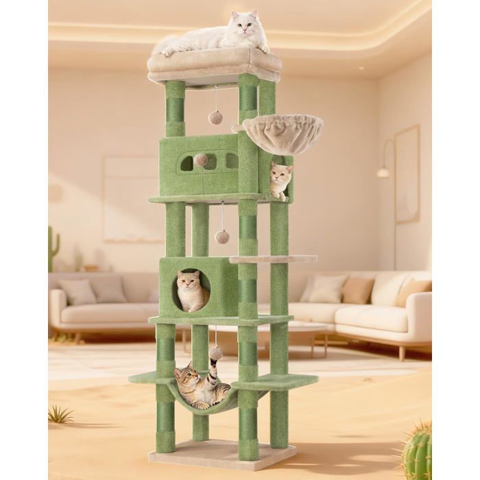 170 cm Grand Arbre à Chatavec Grand Perchoir Tapis Lavable 2 Niches Chats 8 Griffoirs Hamac Pompons Vert Brun
