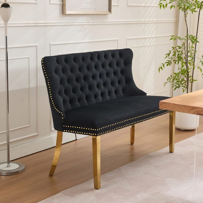 Canapé banquette velours noir 2 places boutons cousus dossier ailes pieds métal doré style mid century Canapé banquette velours noir 2 places boutons cousus dossier ailes pieds métal doré style mid century