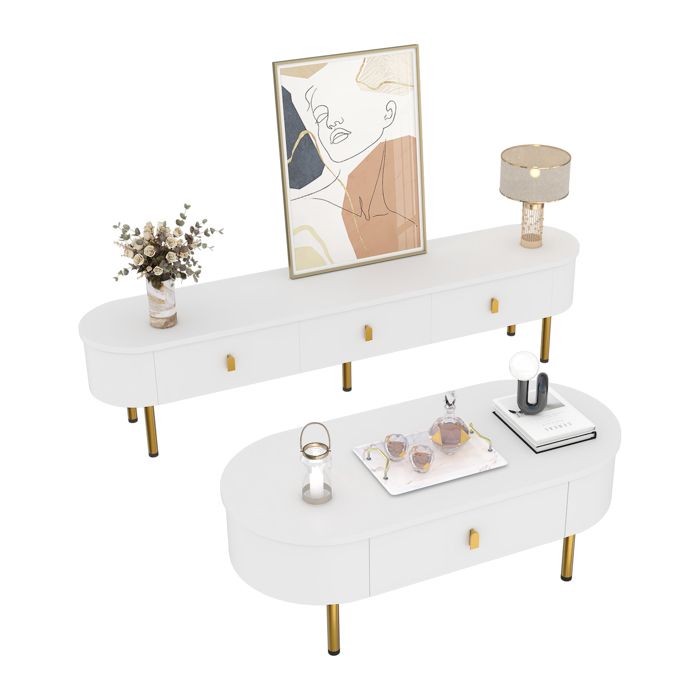 Meuble TV et Table Basse 174x35x41 cm Maisentiel - avec tiroirs et angles arrondis rangement pratique - Blanc et Or