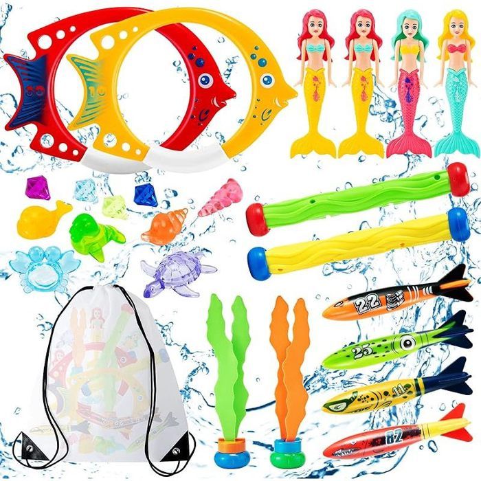 Xndryan Jouets de plongée pour enfants comprenant 5 bâtons de plongée, 4 bandits torpilles, 4 anneaux de plongée, 4 anneaux de plongée, jouets de natation amusants pour piscine