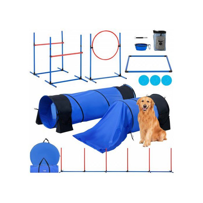 Kit Équipements Agilité Chien 7 Pièces Haies Réglables Tunnels Anneau Saut Sifflet Bol