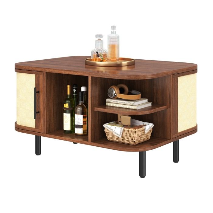 Table basse et bout de canapé surface tressée caisson MDF poignées métalliques pieds en métal rangement