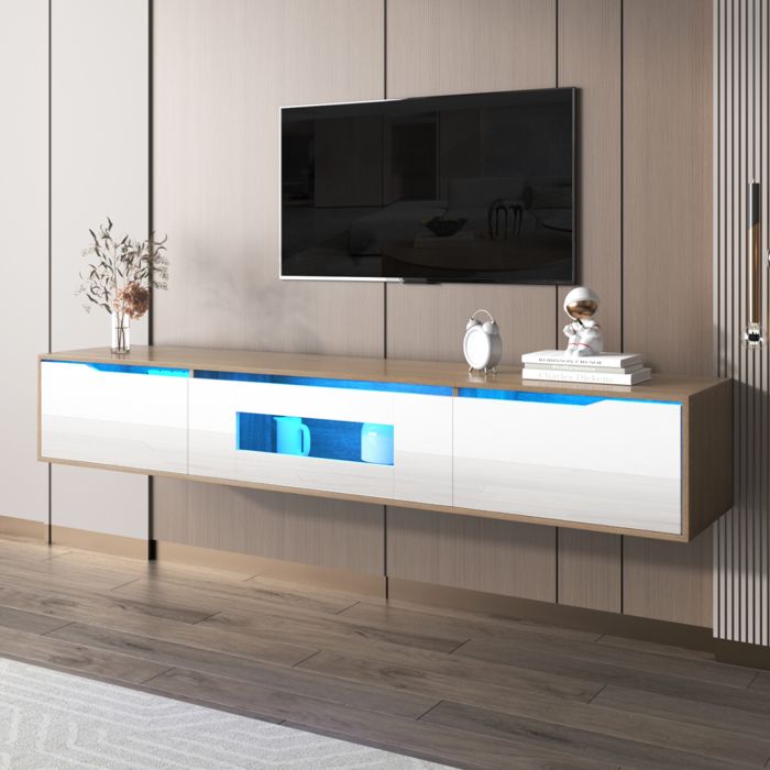 ADWOLT Meuble TV brillant 180 cm meuble TV bas à suspendre ou à poser 3 portes Éclairage LED blanc et teinte bois naturel