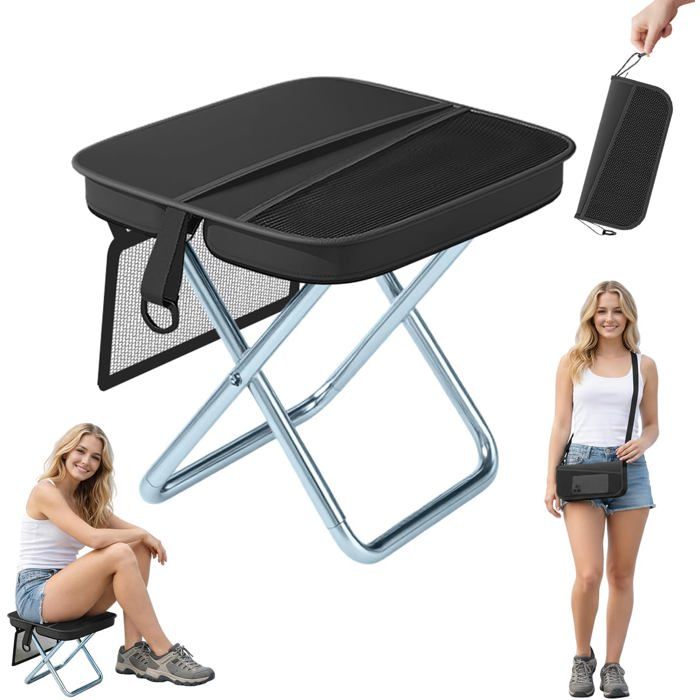 Tabouret camping pliable 2-en-1 noir ultra-léger étanche avec sangle et 3 poches siège portable pour pêche dessin et extérieur