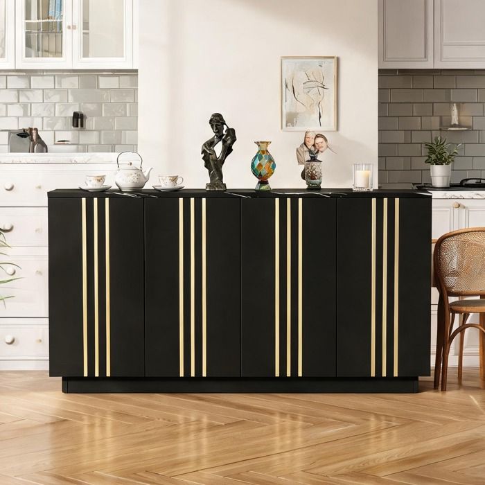 Buffet design classic black 4 portes L140 x H70 cm avec lignes dorées panneaux de particules