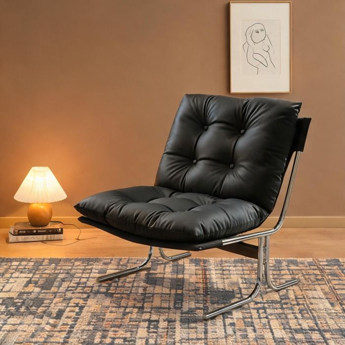 Fauteuil lounge style Barcelona en simili noir piétement chromé dimensions compactes 72 2x84 1 cm