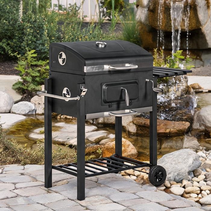 Barbecue chariot à charbon de bois en inox noir avec manivelle et rangements pour terrasse 113x65x108 cm