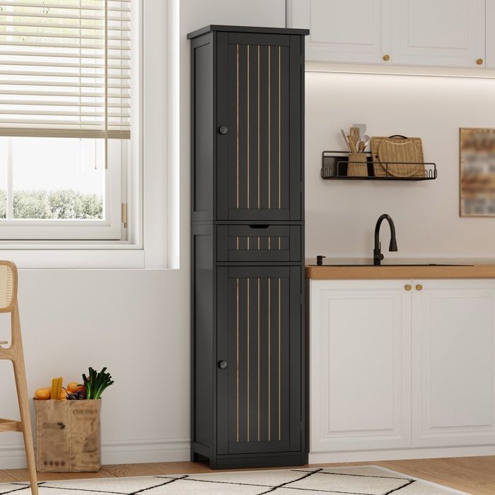 Colonne de cuisine 2 Portes 1 Tiroir et 4 Étagères Réglables - BEAUNIV - MDF Noir pour Cuisine 170×40×30 cm