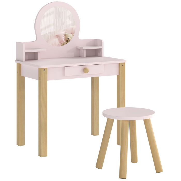 LIA Coiffeuse enfant en bois avec miroir et tabouret table de maquillage enfant avec tiroir et étagère 3 à 6 ans rose