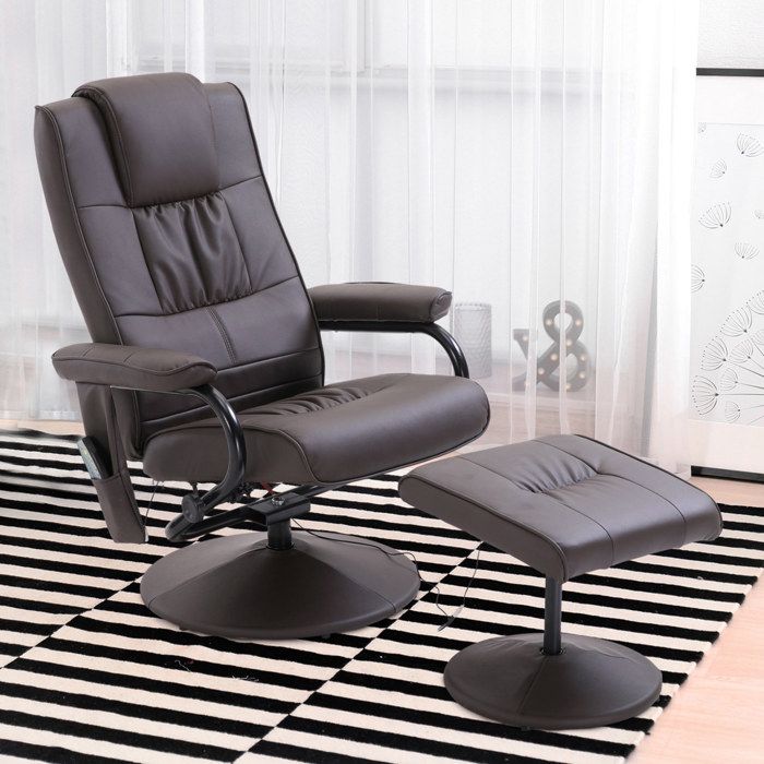 Fauteuil massant relax pivotant 360° avec pouf repose-pieds dossier inclinable simili cuir marron