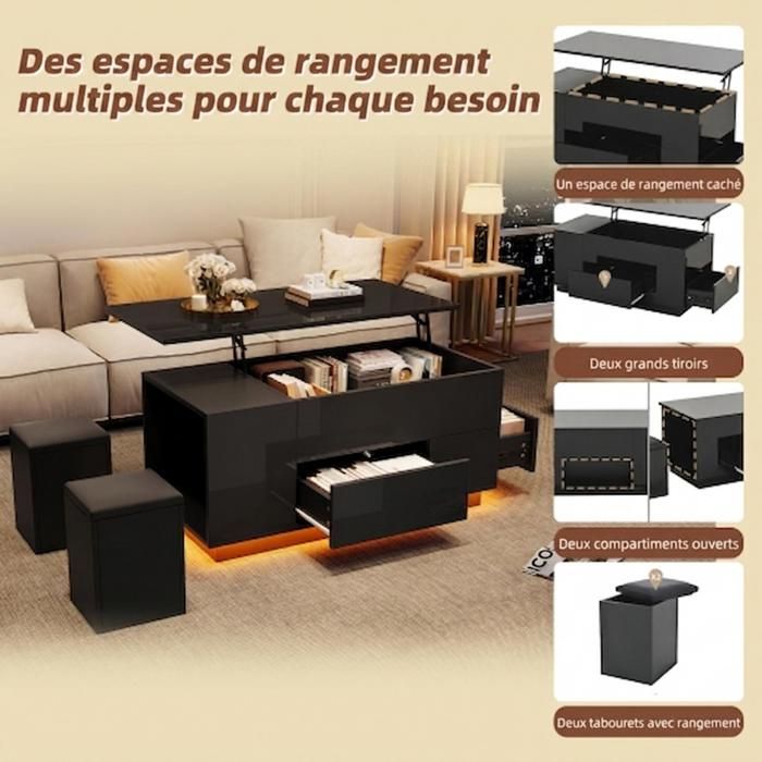 Table basse relevable hydraulique 100*50*45cm noire panneau de particules rangements bandeau LED deux tabourets pour salon