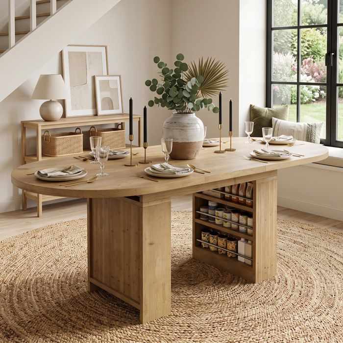 Table à rallonges avec espace de rangement pour 6 à 8 personnes 200 × 90 × 76 cm couleur chêne