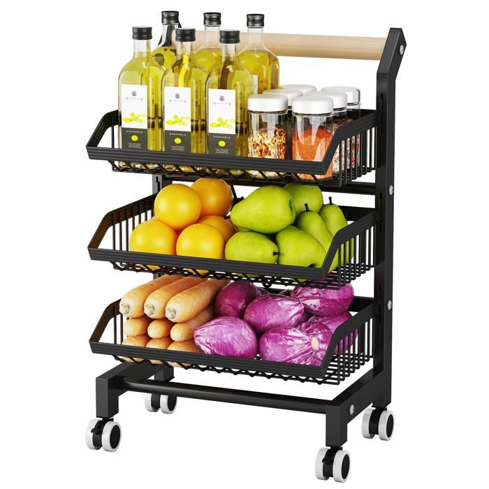 Chariot cuisine acier carbone 3 étagère panier métal poignée bois roulant rangement légume fruit garde‑manger
