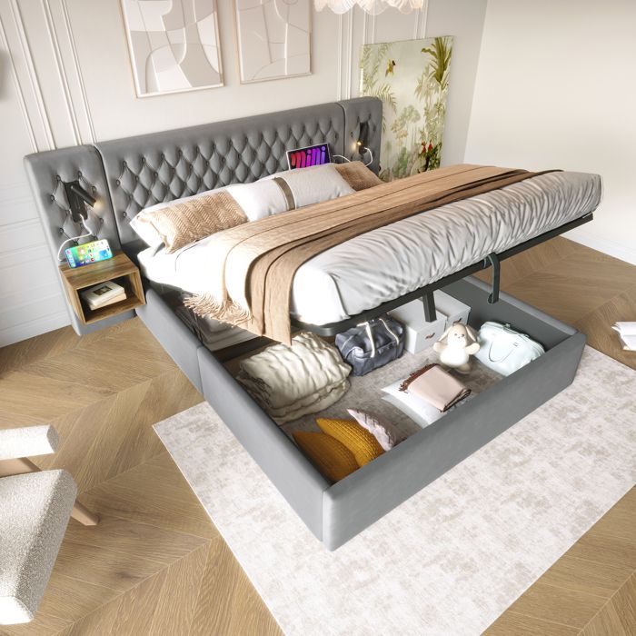 Cadre de lit double rembourré 160x200 cm en velours coloris gris ports USB coffre relevable sommier à lattes sans matelas