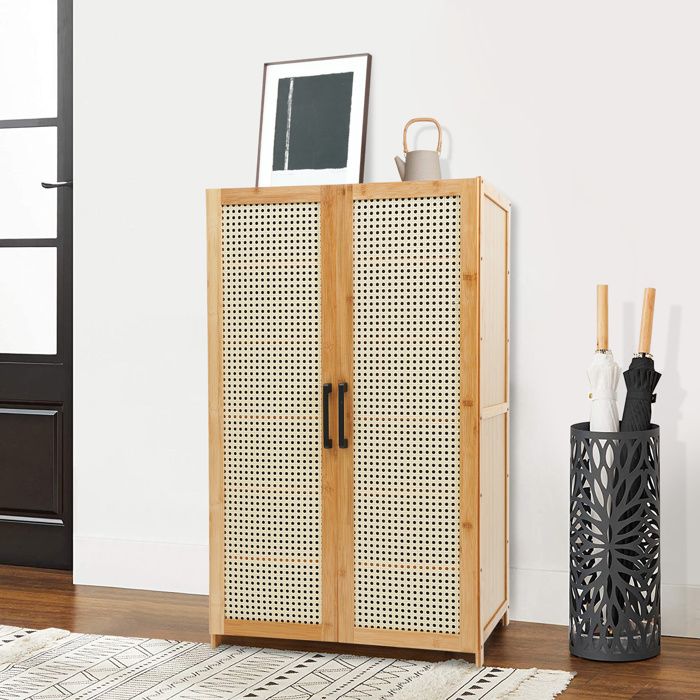 Meuble Chaussures à 6 Niveaux en Bambou Armoire à Chaussures Style Naturel 59×33 ×100cm 2 Portes Ventilées Charge 10kg/Étagère