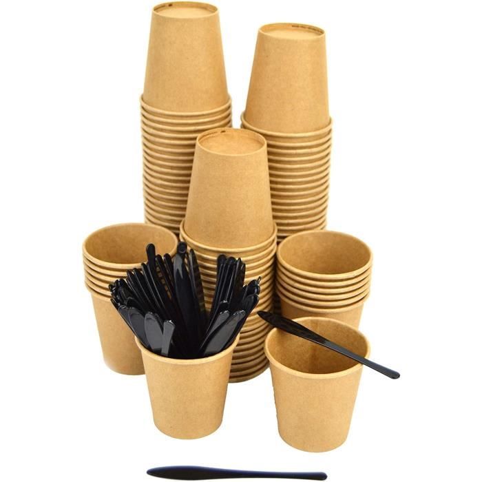 MAQA Lot de 100 gobelets à café en papier de 60 ml avec palettes verres à café avec palette biodégradable. en bois de bouleau orange