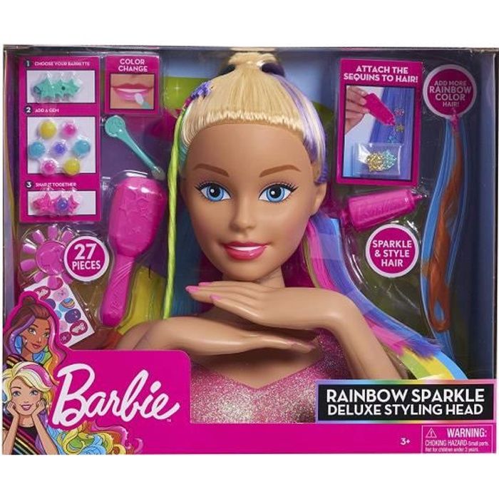 Barbie tête pour coiffer les cheveux arc-en-ciel Deluxe avec 27 accessoires  - Cdiscount Jeux - Jouets