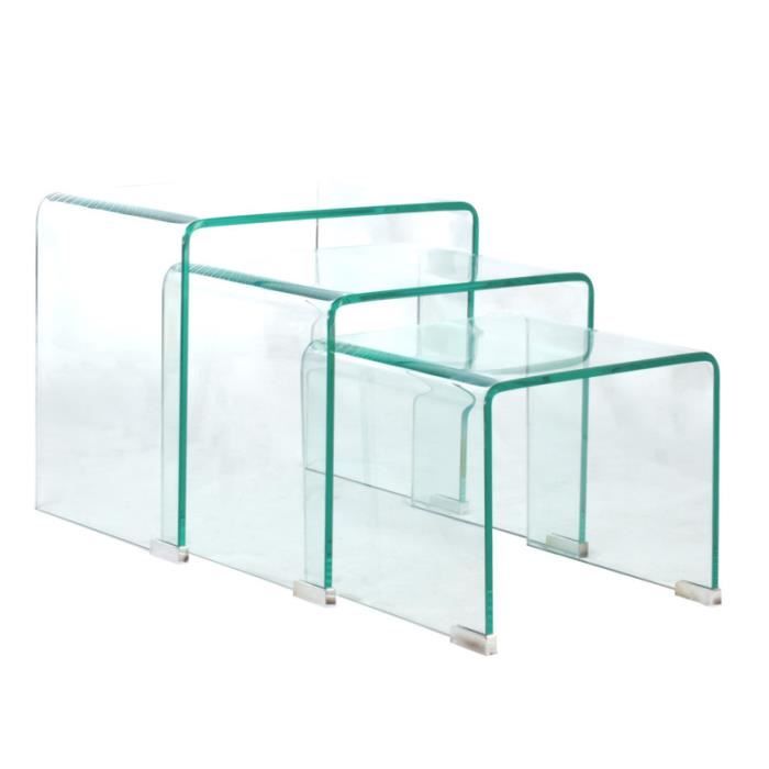 Ensemble de 3 tables gigognes rondes en métal et verre aurum (doré verre transparent