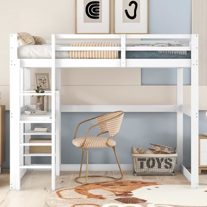 lit mezzanine enfant avec espace de rangement et bureau - blanc - 140x200 cm - bois massif
