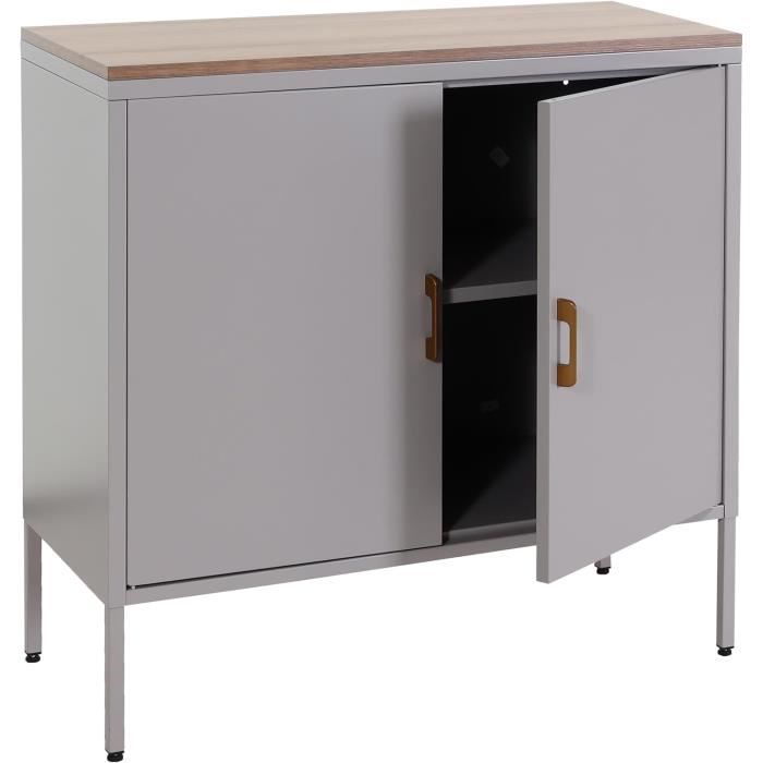 coode meuble de rangement bureau buffet 2 portes metal 90 par 90 par 40 melamine gris plateau mdf 2 compartiments avec portes