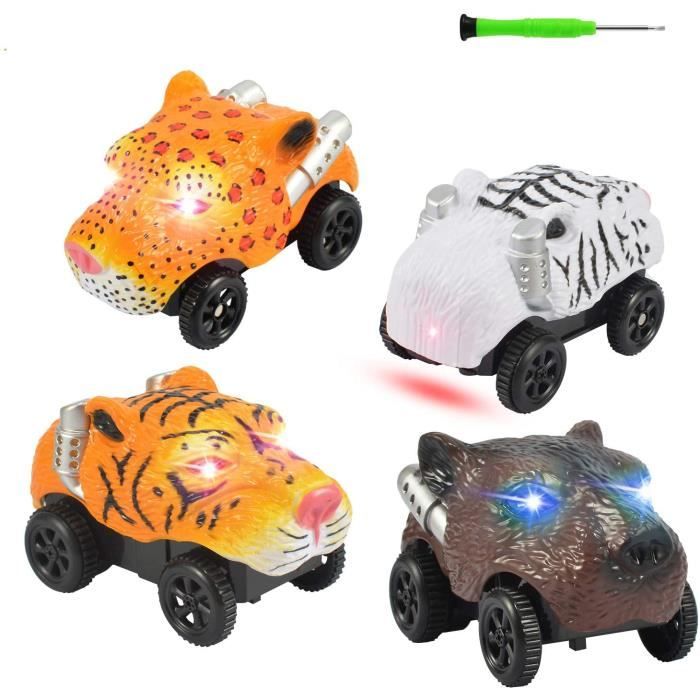 Tracks Cars Lot de 4 voitures magiques avec 5 lumières LED clignotantes - Voitures phosphorescentes - Compatible avec la plupart des pistes pour enfants, garçons et filles