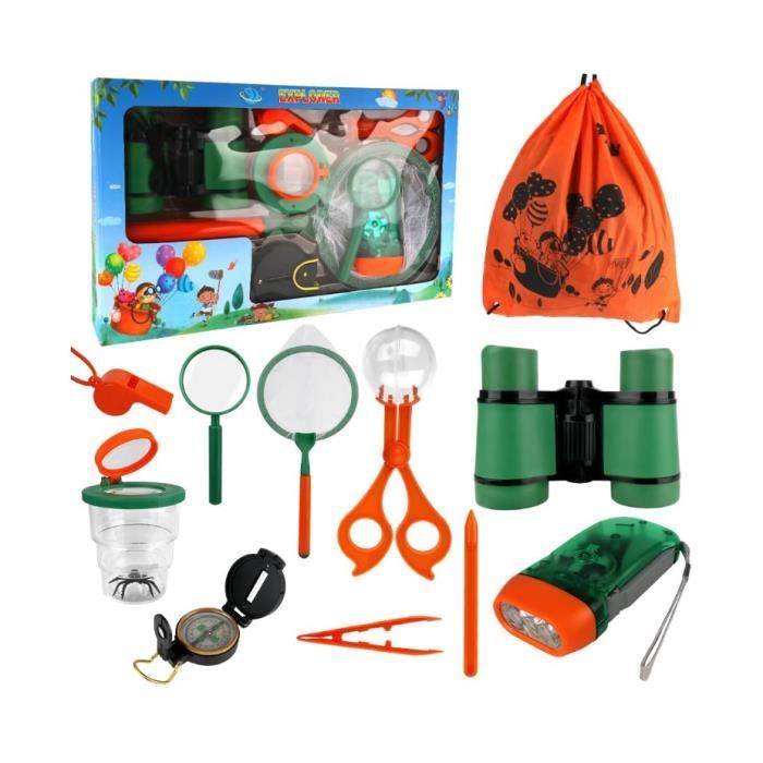 KDISHKRA Kit Exploration Enfant 23 Pièces – Jumelles, Loupe, Filet à Papillons, Boussole, Boîte à Insectes, Gilet Et Chapeau – Aventure Nature Dès 4 Ans