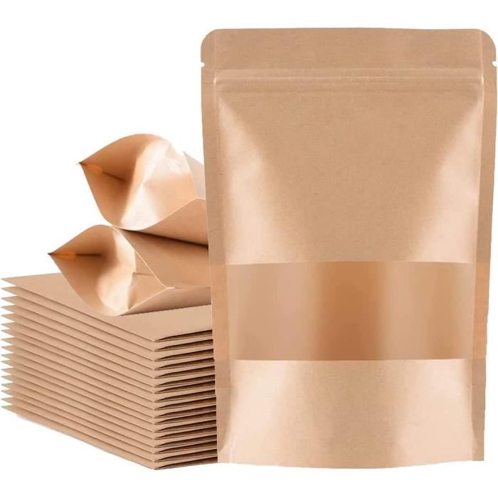 100pcs Sac en papier kraft avec fenêtre (14x20x5cm), pochette refermable  Stand Up, sacs en papier brun, emballage alimentaire en gros, imperméable  et