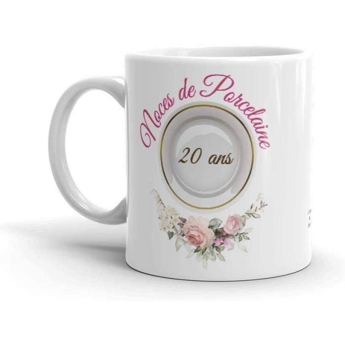 Tasse-Mug Cadeau Anniversaire 20 Ans de Mariage Noce de Porcelaine Original Amour Couple Romantique