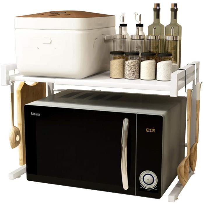 DWDHYEAN Étagères Micro-Ondes de Cuisine Support pour Four à Micro-Ondes Four Micro-Ondes Étagère à Micro-Ondes Extensible de Cuisine avec 6 Crochets Suspendus Organisateur Rangement (Blanc
