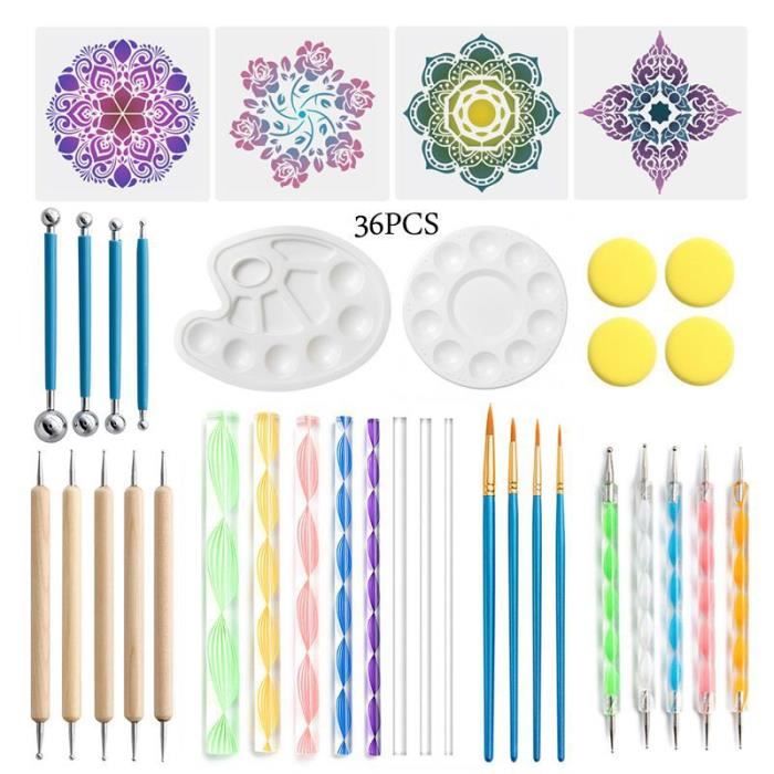 Kit 30 Pièces Outils Peinture Mandala - Stylos Pointage, Pochoirs, Tiges Acrylique - Pour Galets, Toile, Pierre