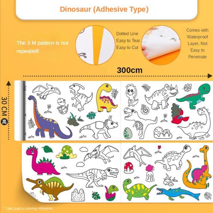 Rouleau De Papier à Colorier Pour Enfants - 3 Thèmes (dinosaures, Animaux, Transports) - Dimensions 89 X 29,5 Cm