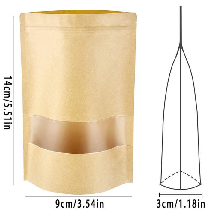 100 Sacs Papier Kraft Avec Fenêtre - 9x14x3 Cm, Fermeture Zip, Pour Nourriture, Bonbons, Café
