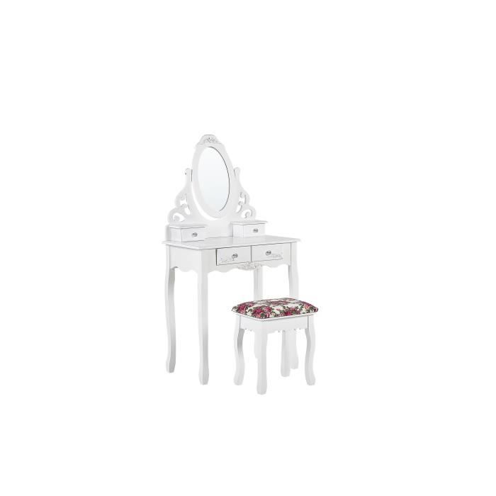 Coiffeuse blanche 4 tiroirs avec miroir et tabouret AMOUR