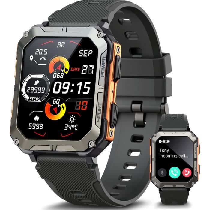 Montre Connectée Homme Militaire étanche 5ATM - Écran 1.39" - Android Wear - Fréquence Cardiaque, GPS - Noire