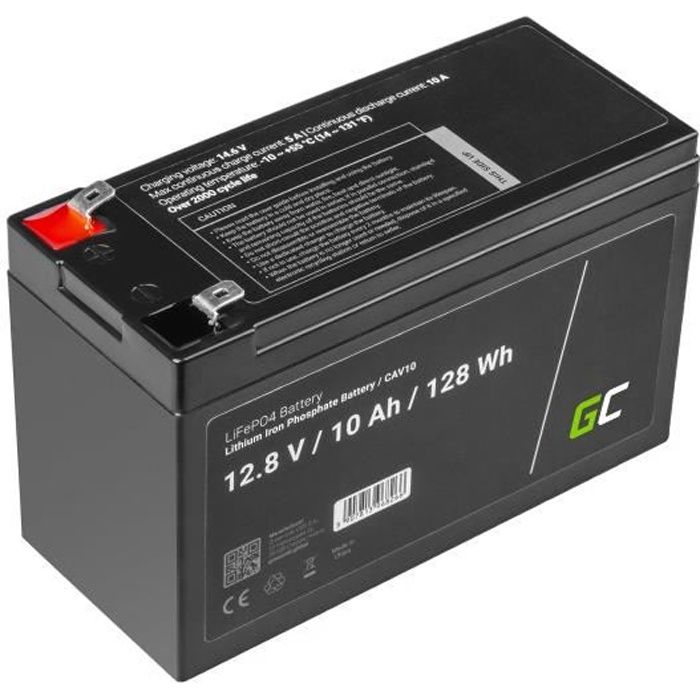Green Cell® Batterie LiFePO4 10Ah 12.8V 128Wh lithium fer phosphate pour panneaux solaires, camping-cars et bateaux