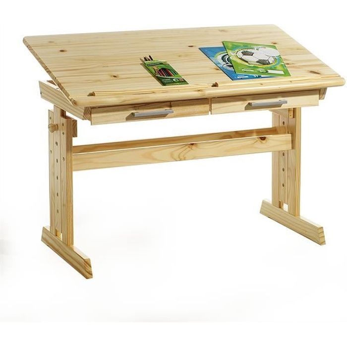 Bureau enfant écolier junior OLIVIA table à dessin réglable en hauteur et pupitre inclinable avec 2 tiroirs en pin massif vernis nat