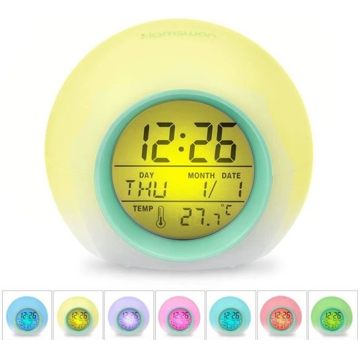 Reveil 7 Couleurs Et 6 Sons De Nature Lumiere De Nuit Lampe De Table Affichage De Temperature Interieure Pour Parent Etudiant Cdiscount Jeux Jouets