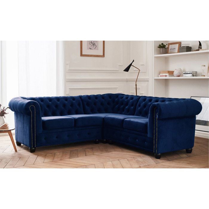 William - canapé Chesterfield dangle réversible - 5 places - en velours - Bleu nuit
