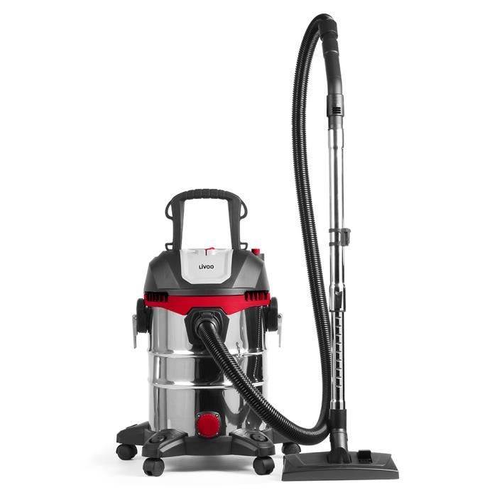 Aspirateur eau et poussière - LIVOO - DOH124 - Cuve inox 23L - Flexible 18m - 5 roulettes multidirectionnelles