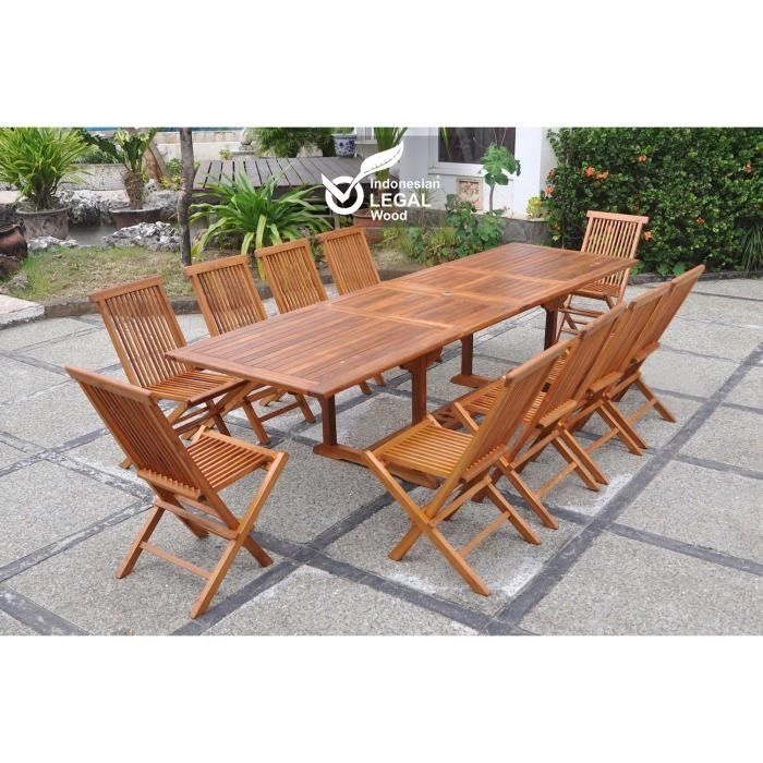 Salon de jardin Teck huilé 10 personnes - LUBOK - Table rectangle + 10 chaises