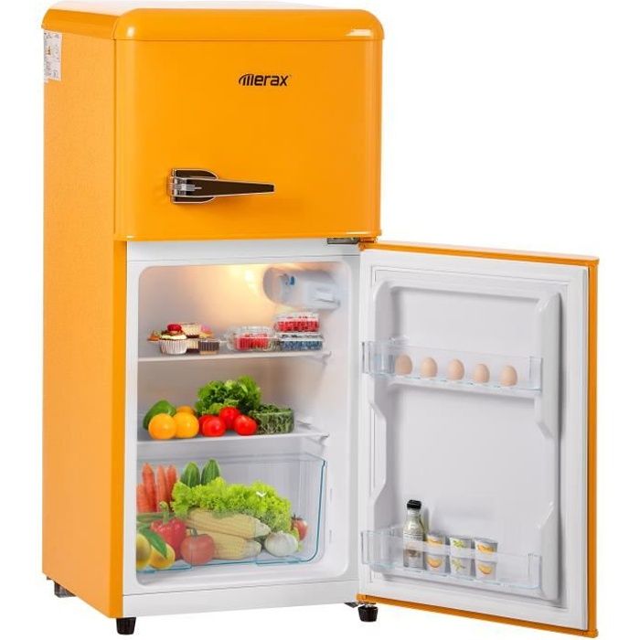 Refrigerateur congelateur en haut 60L (38L+22L) - Lumière LED- Classe énergétique F - 163 kWh-an - L42.5cm x H86.8cm - Jaune