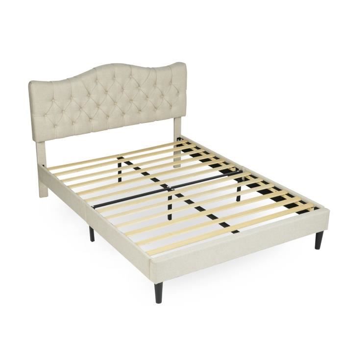 meubles cosy lit double avec tête de lit,sommier à lattes en peuplier,structure en métal,pieds en plastique,noir,beige 160 x 200cm
