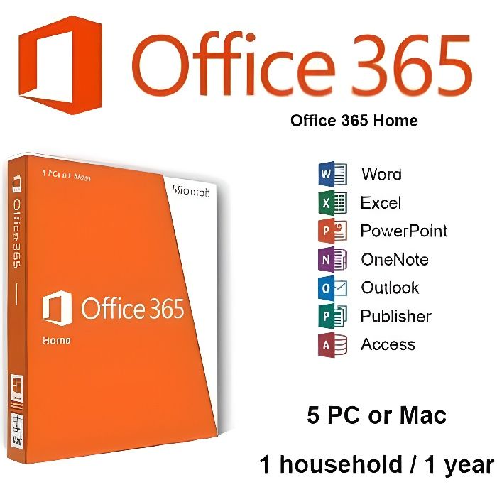 Logiciel Bureautique – Microsoft – Office 365 Home – 5 Licences – Téléchargement – PC 32/64 bits