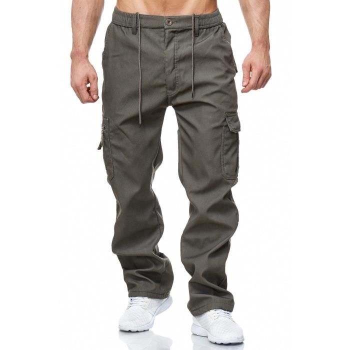 Pantalon cargo homme Cargo Pantalon Cargo Couleurs unies doublées + motif camouflage [Vert, L