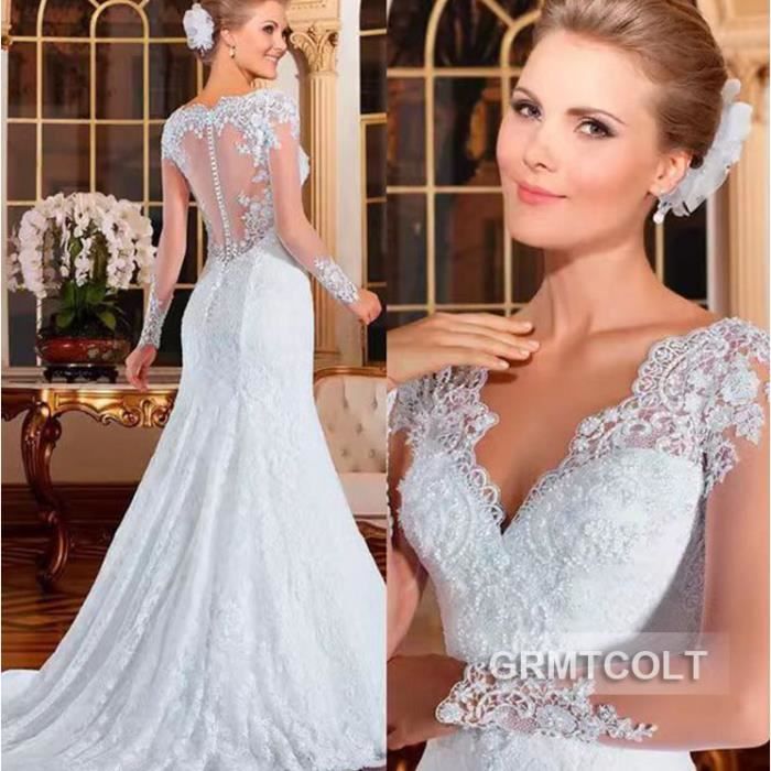 Robe de Mariée Longue Au Sol à Col en V et à Coupe Sirène