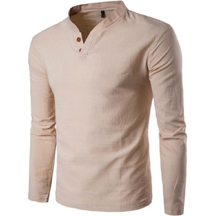Polo Homme, Col V Bouton T-shirt Manche Longue Slim Fit Tee Shirt Couleur Unie Beige