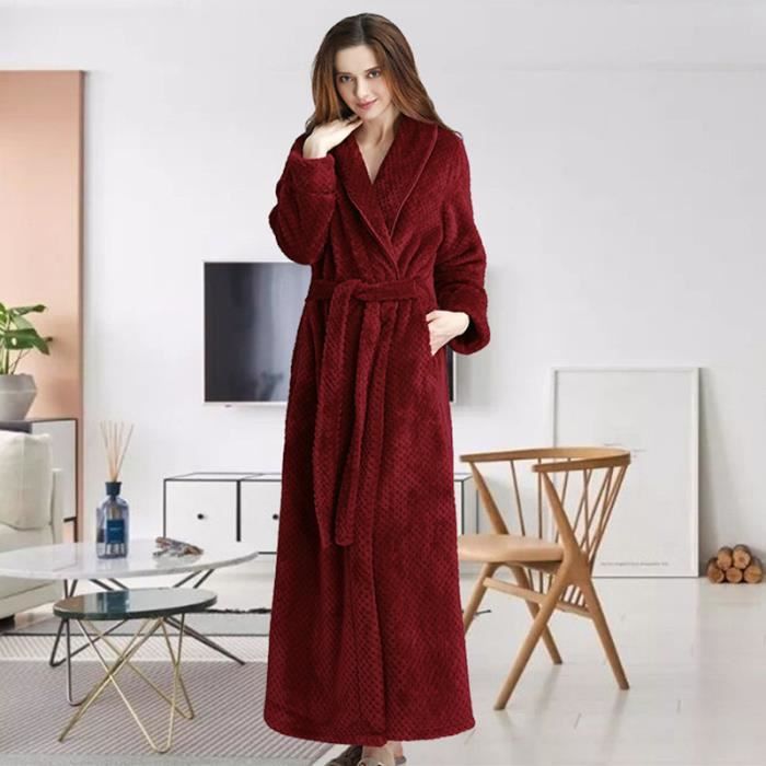 Pyjama Femme Flanelle Epais Peignoir Long Couleur Unie Carreaux