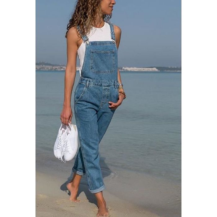 Jeans Femme Hiver,Salopette en jean pour femme, combinaison de grande  taille, couleur unie, poches, ensemble non extensible, print